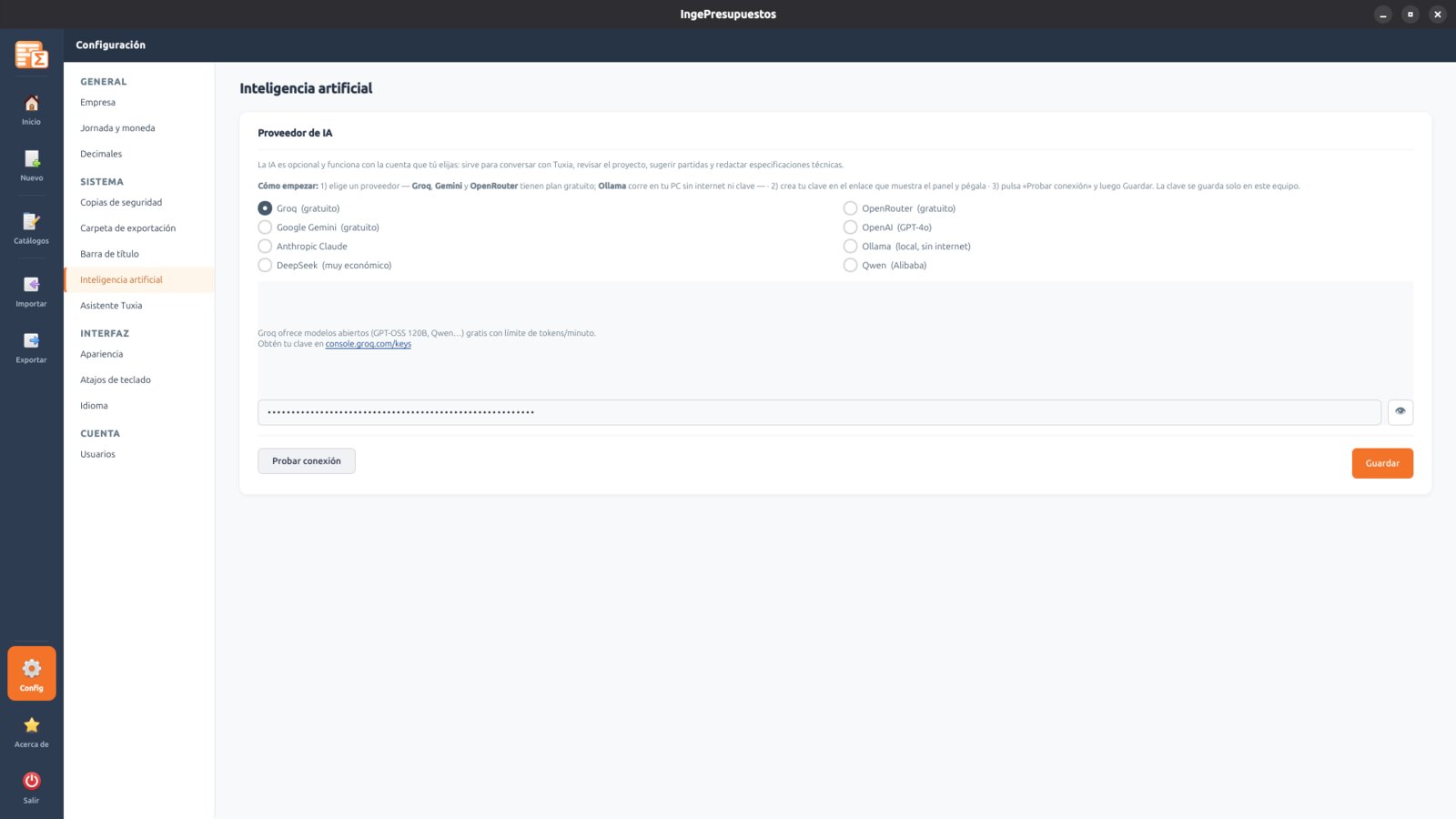 Configuración de inteligencia artificial en IngePresupuestos 3.0.8 con Groq, Gemini y OpenRouter como proveedores gratuitos