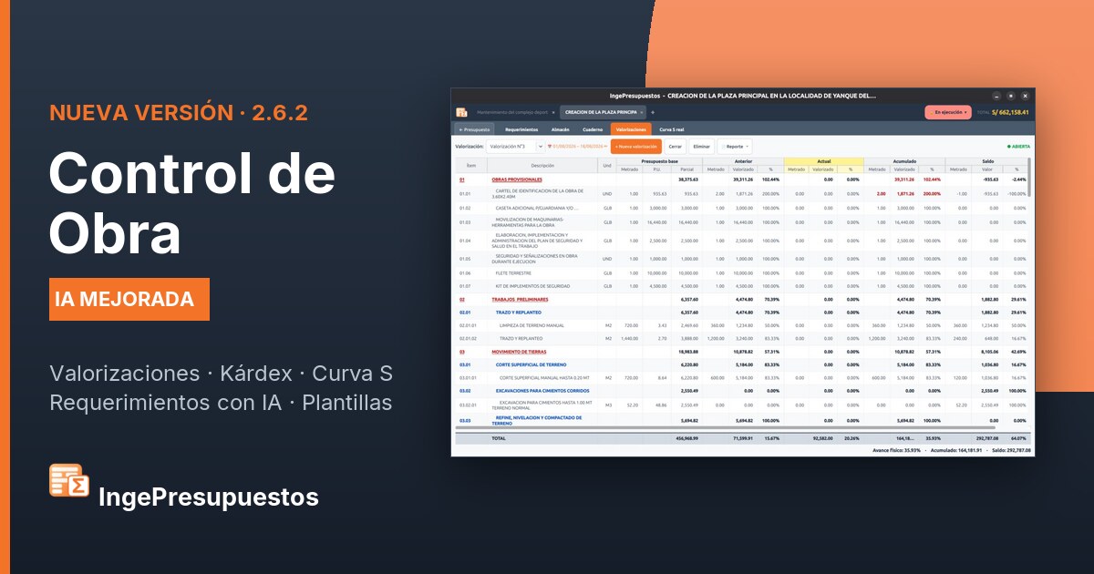 Control de Obra en IngePresupuestos: valorizaciones, kárdex y curva S real