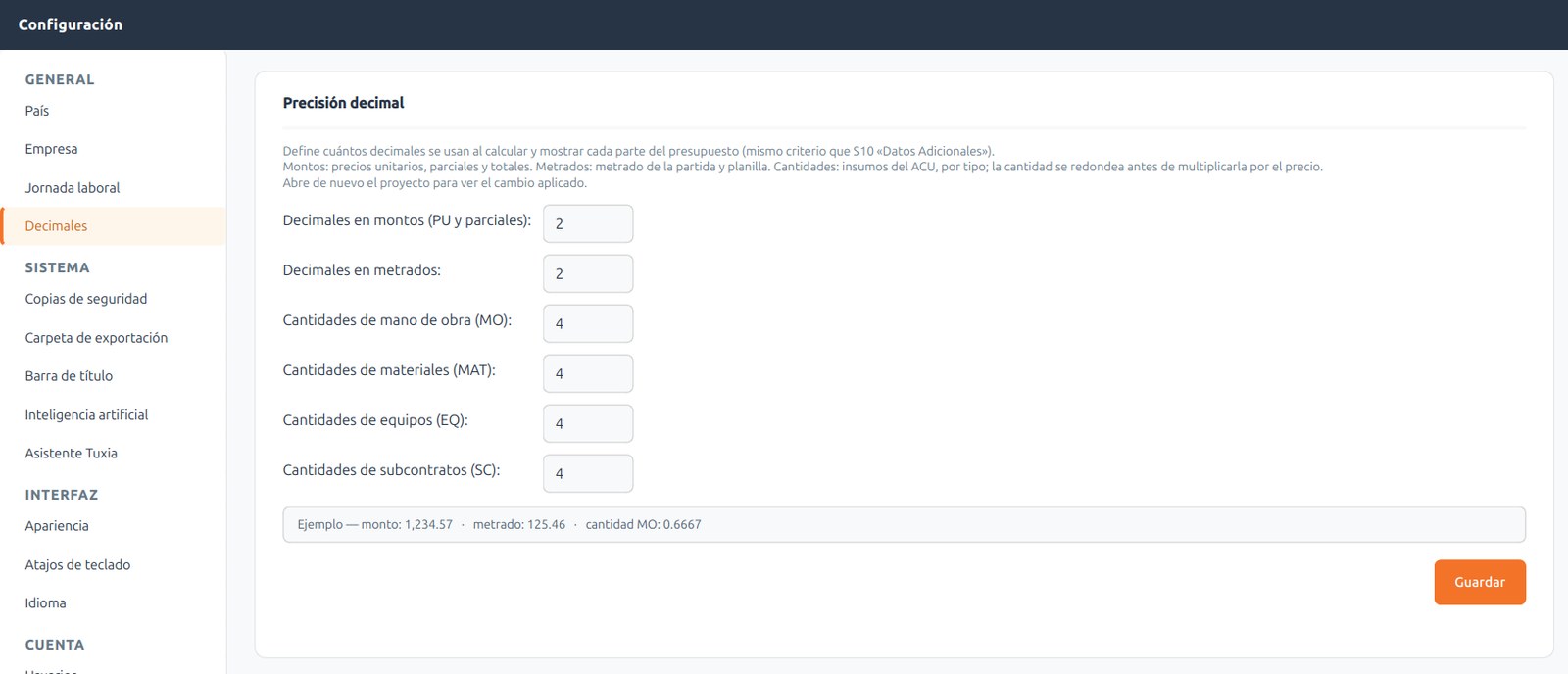 Configuración → Decimales en IngePresupuestos 3.0.16 con decimales de montos, metrados y cantidades de mano de obra, materiales, equipos y subcontratos