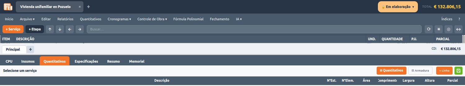 Barra de menús y pestañas de IngePresupuestos 3.0.18 en portugués: Relatórios, Quantitativos, Fechamento, CPU, Especificações, Memorial