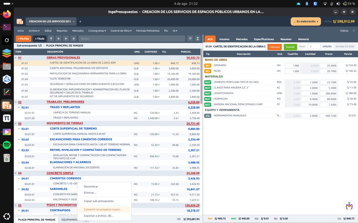 Presupuesto con el nombre del sub-presupuesto activo arriba y las pestañas abajo