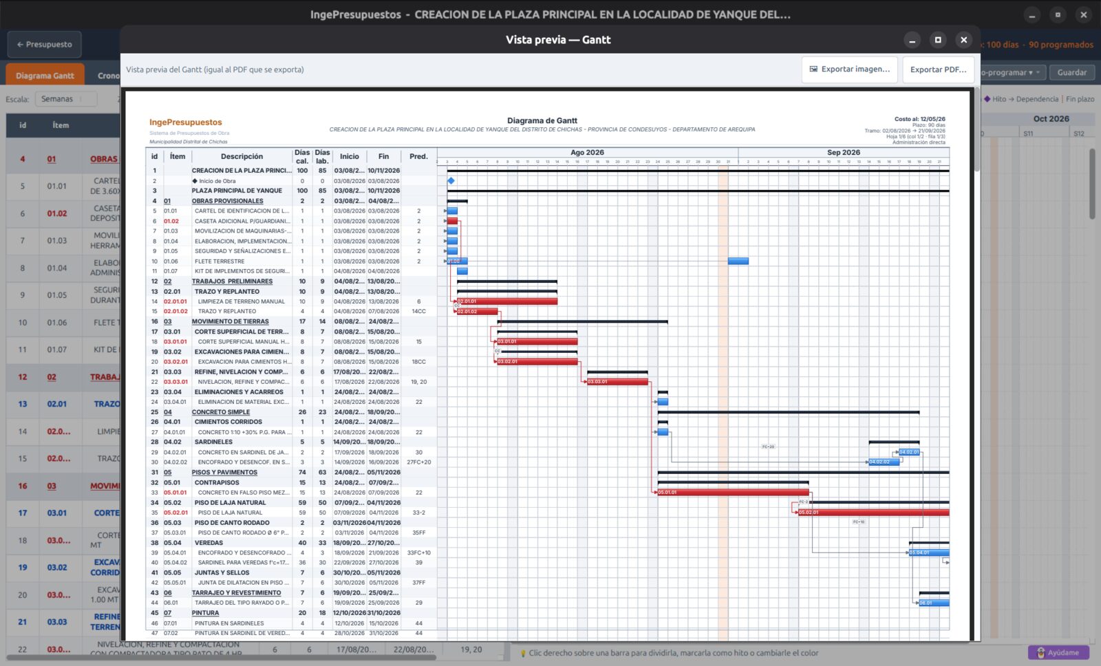 Vista de impresión del Gantt estilo MS Project